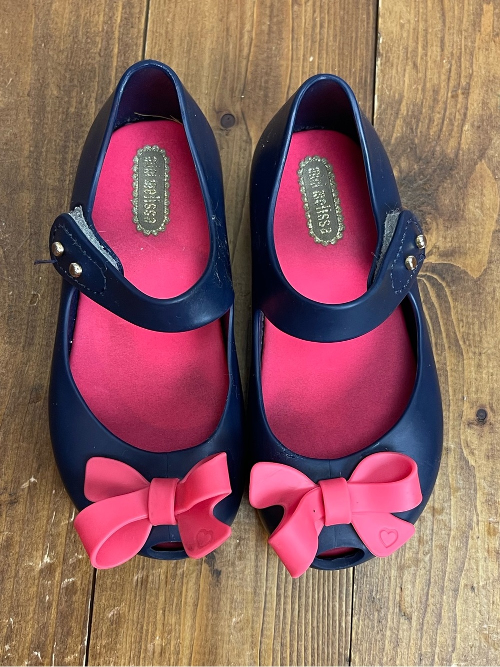 Mini Melissa size 8 navy blue Mary Jane jelly shoes with pink bows